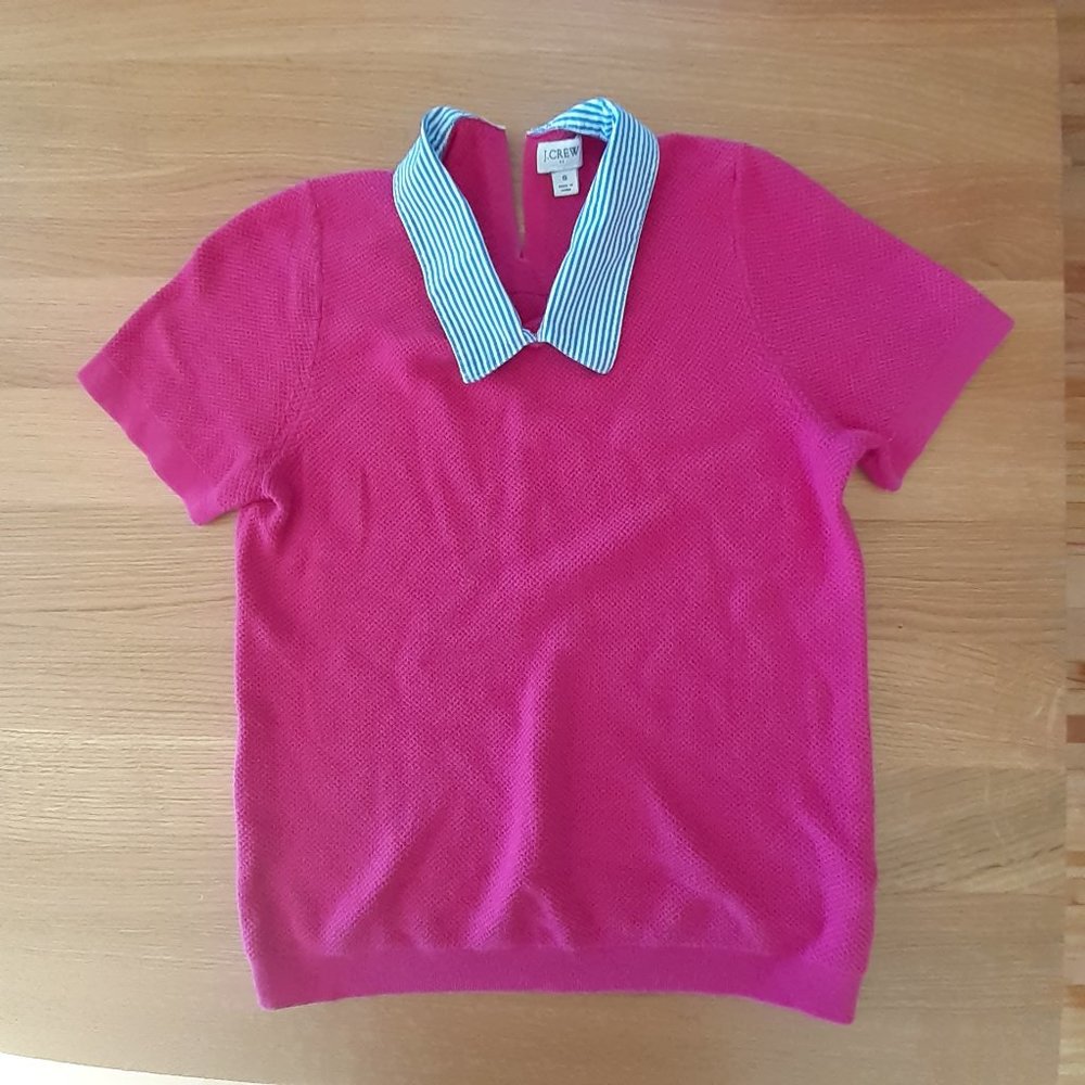 J. Crew Pink Short-Sleeve Sweater with Striped Collar